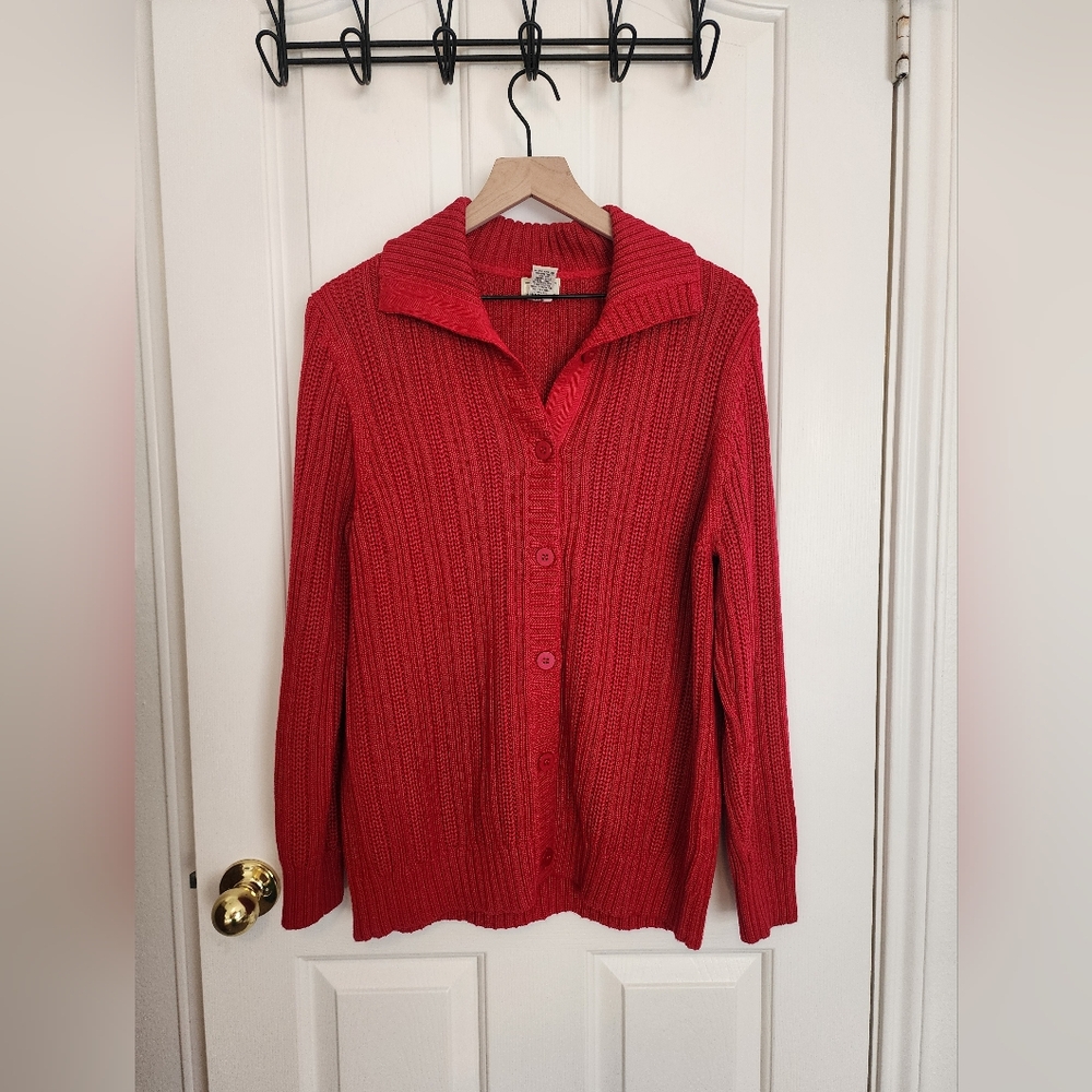 L.L. Bean Red Cardigan Sweater with Ribbed Texture